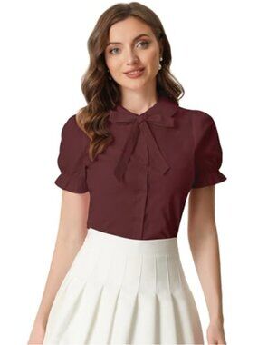 Allegra K Women's Vintage Peter Pan Collar Tie Neck Cotton Button-Up Shirt